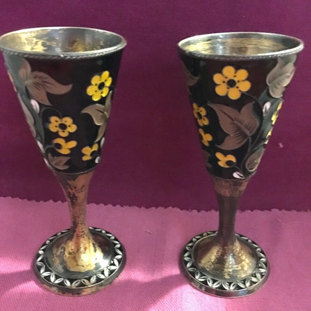 2 Russian Solid Silver Cloisonné Enamel Goblets